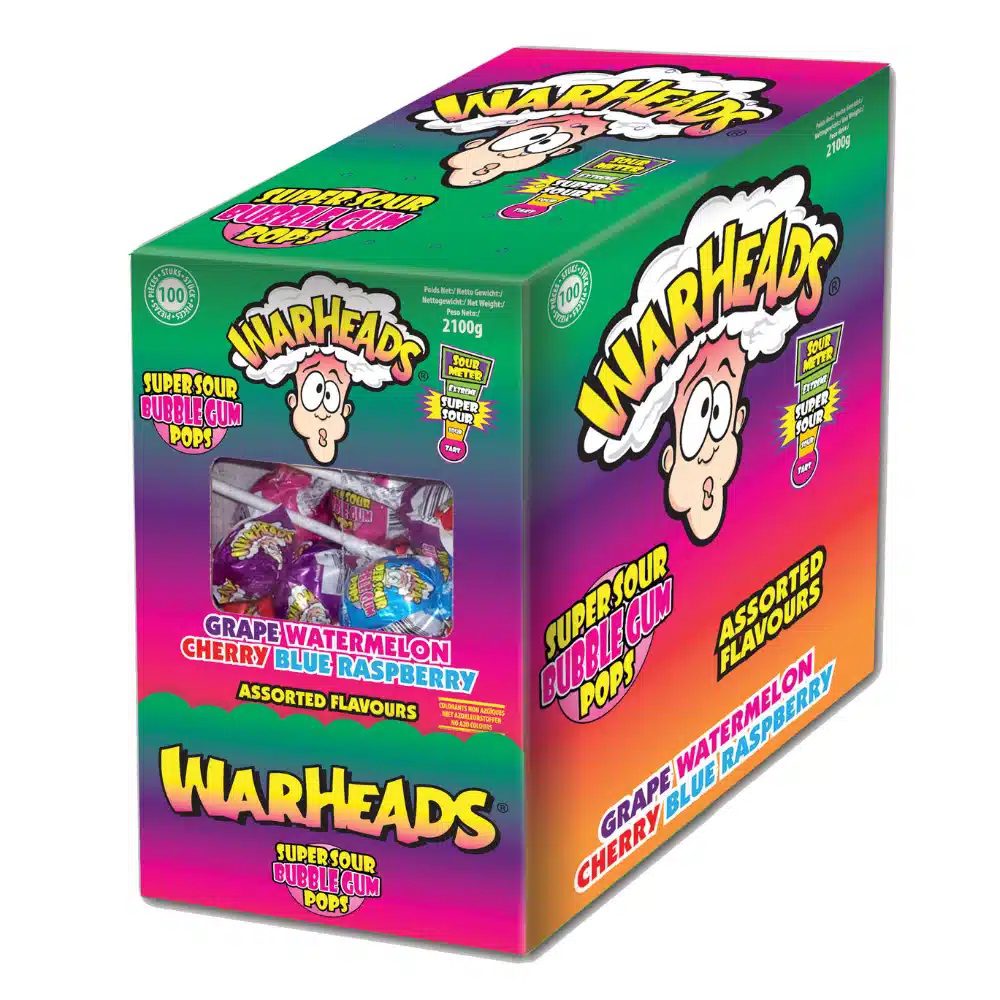 Warheads Sour Bubblegum Lolly 100 stuks